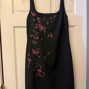 Chic Black Midi Dress with Pink Floral Embroidery